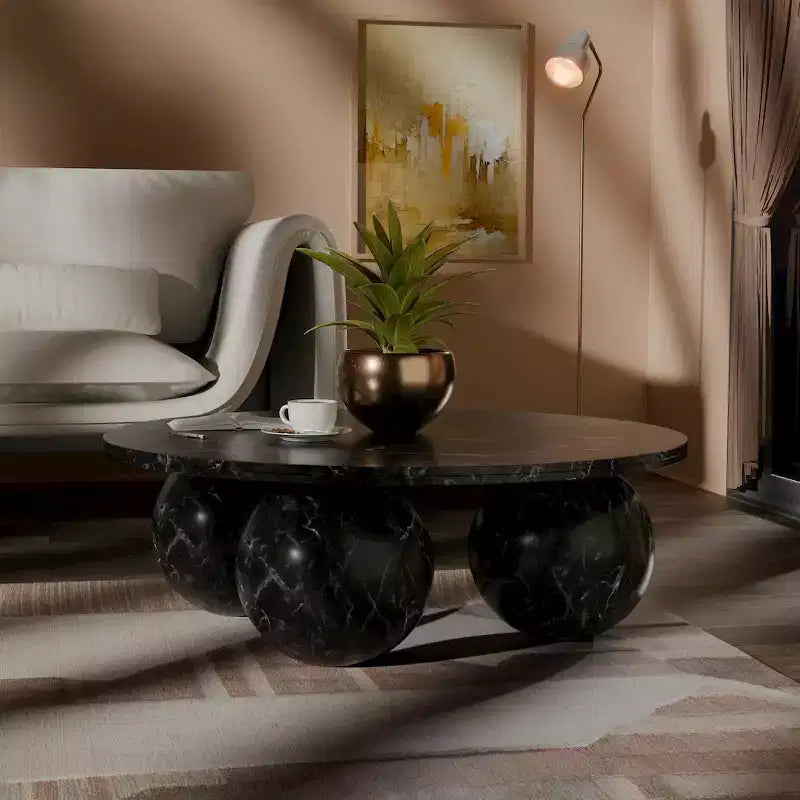 Round Marble Coffee Table with Sphere Legs, Multicolor, Seats 4鈥?