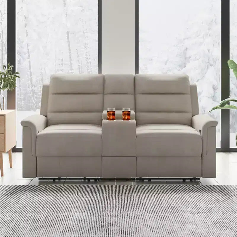 Beige/Gray Tech Fabric Reclining Loveseat Sofa, 2-Seat, Adjustable Backrest & Footrest