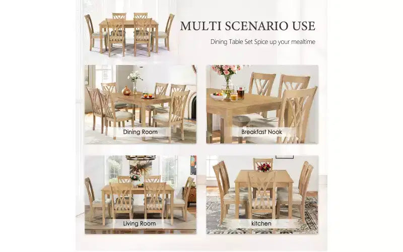 Zevemomo7-Piece Solid Wood Dining Table Set with 6 Upholstered Chairs,Space Saving Dinner Table&Chairs Set,for Dining Room, Kitchen,Natural Wood Color