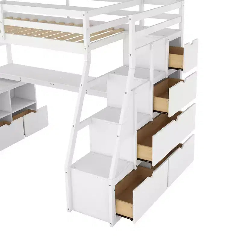 Twin Size Loft Bed with 7 Drawers, 2 Shelves, Cabinet and Desk for Kids and Teens