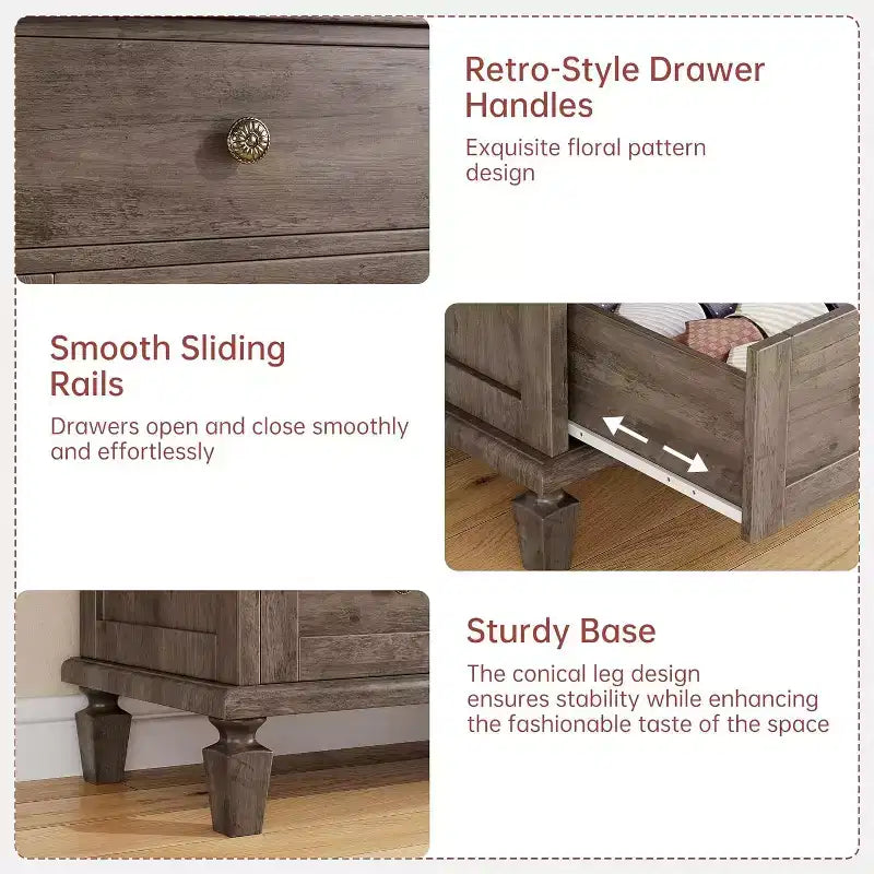 8 Drawer Dresser for Bedroom, Vintage 59 Dresser TV Stand with Carved Handles and Tapered Legs, Wood Chests of Drawers with Large Capacity Storage