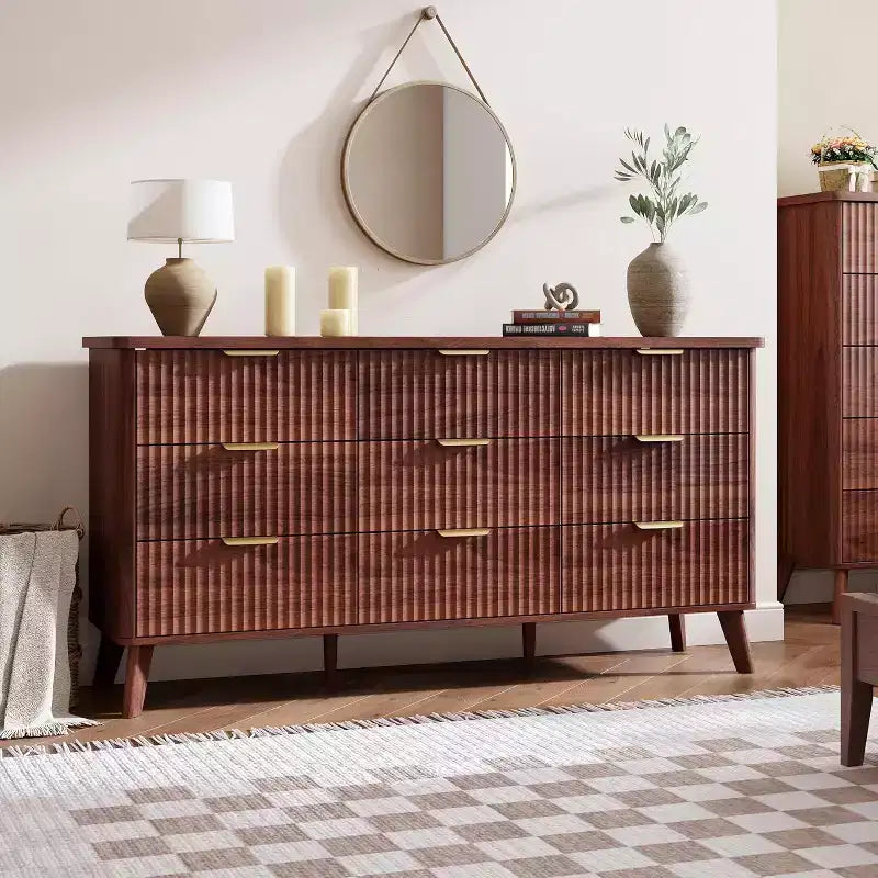 9 Drawers Fluted Dresser, Modern Chest, Wooden Dresser TV Stand, Curved Profile Design, for Living Room, Hallway