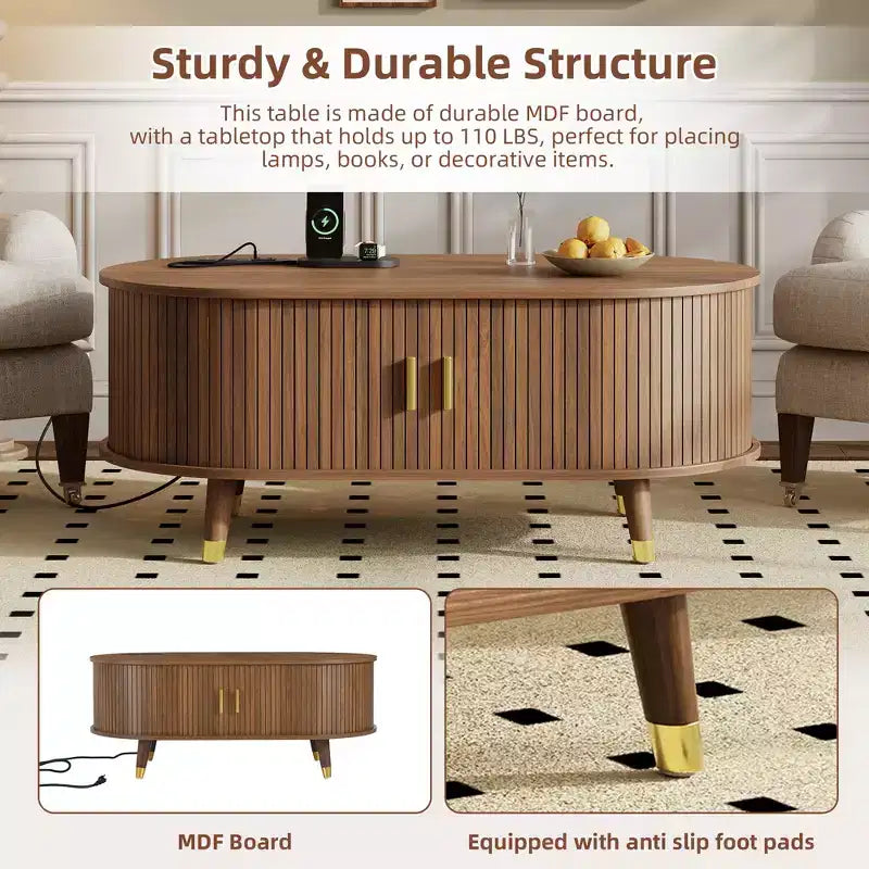 CLIHOME Wooden Farmhouse TV Stand & Coffee Table Set with Charging Station, Oval Fluted Media Console for TVs up to 80