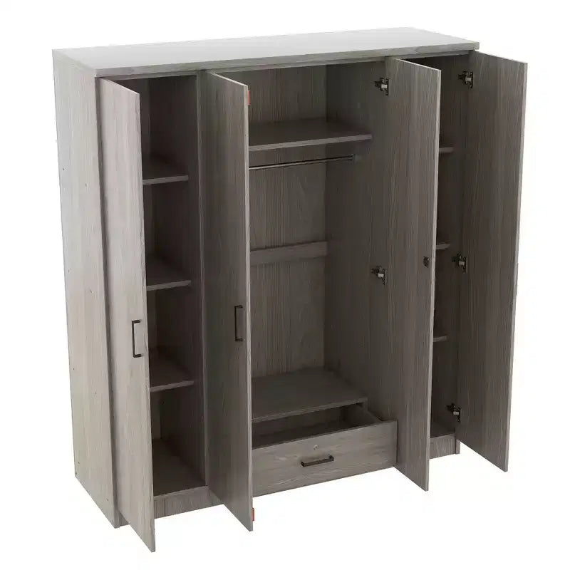 Wood 4-Door Wardrobe Armoire with Hanging Rod, 1-Drawer and Storage Shelves