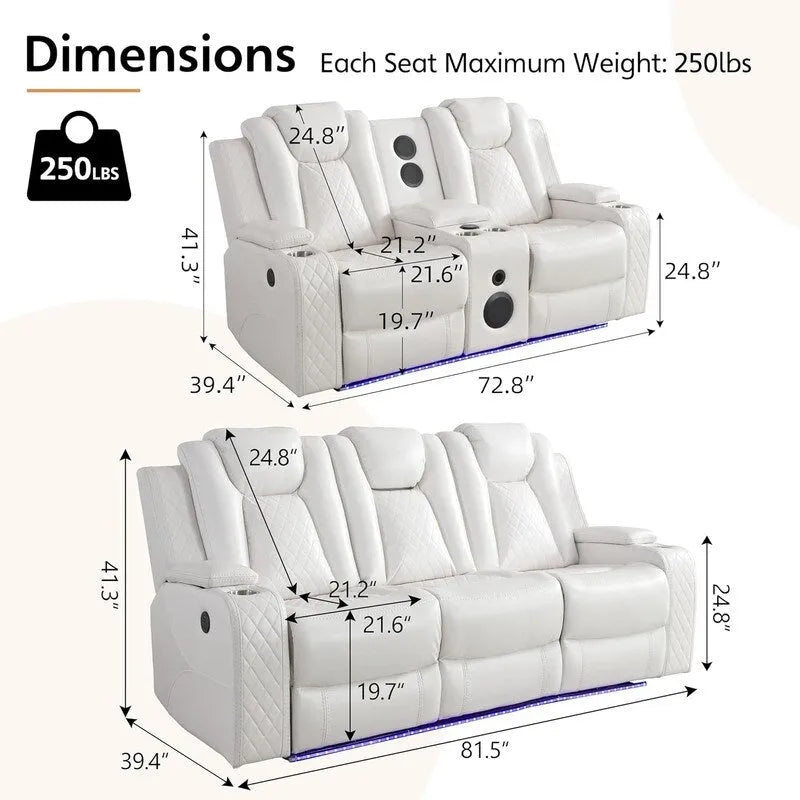 Power Reclining Sofa with Wireless Charger,Reading Light for Living Room,Faux Leather LED Light,AC/USB Port,Cup Holder,Black