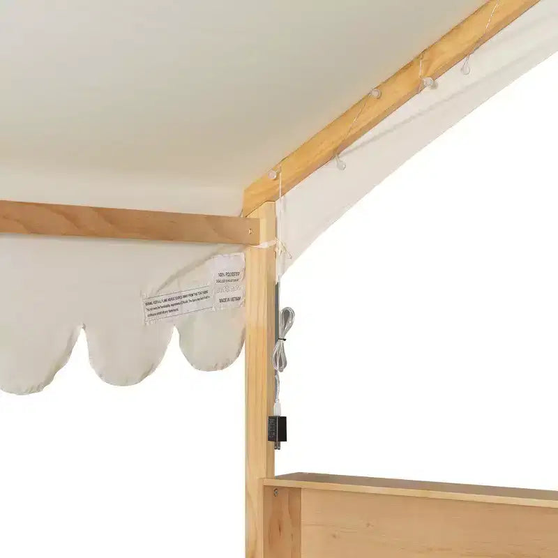 Whisen Full Size Wooden Floor Bed Frame, House-Shaped Daybed with Fense, 3 Storage Bookshelves, Curtain