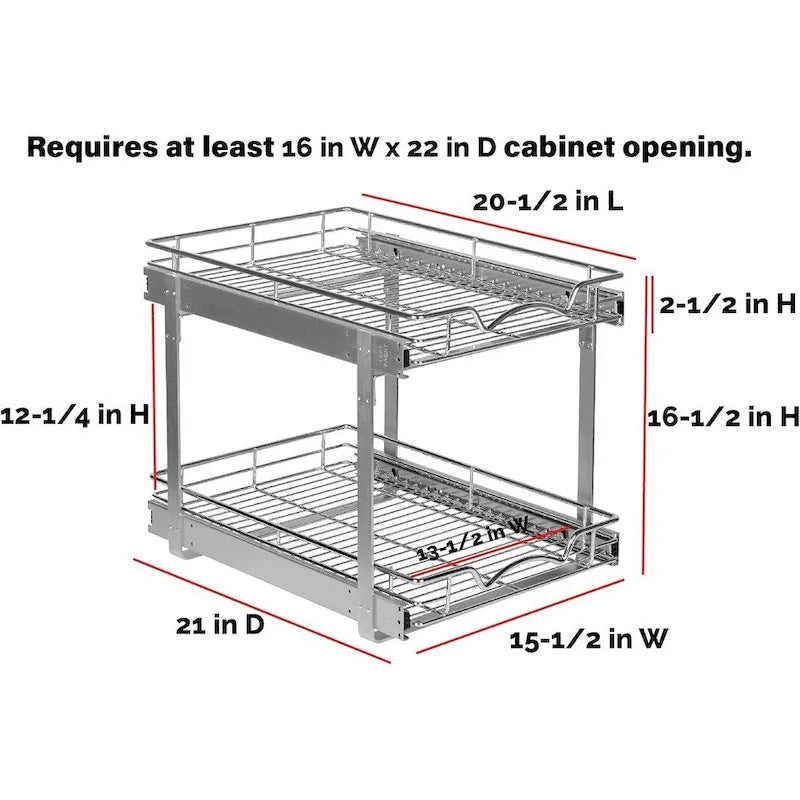 Pull Out Cabinet Organizer 2 Tier  Heavy Duty Metal with Lifetime Limited Warranty - Anti Rust Chrome Finish