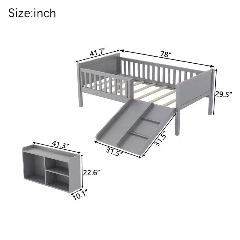 Whisen Twin Size Low Loft Bed Frame for Kids with Slide, Movable Bookshelf Storage, Guardrails, Low Loft Bed Frame