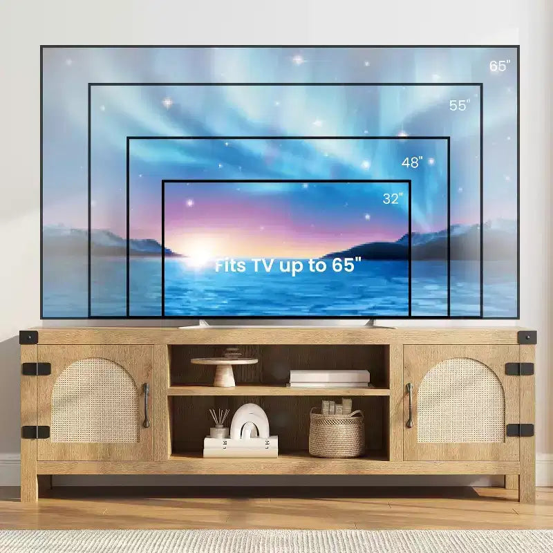 65-inch Bohemian-style TV stand with wicker door - Wooden entertainment center with two cabinets and adjustable shelves, suitable for living rooms