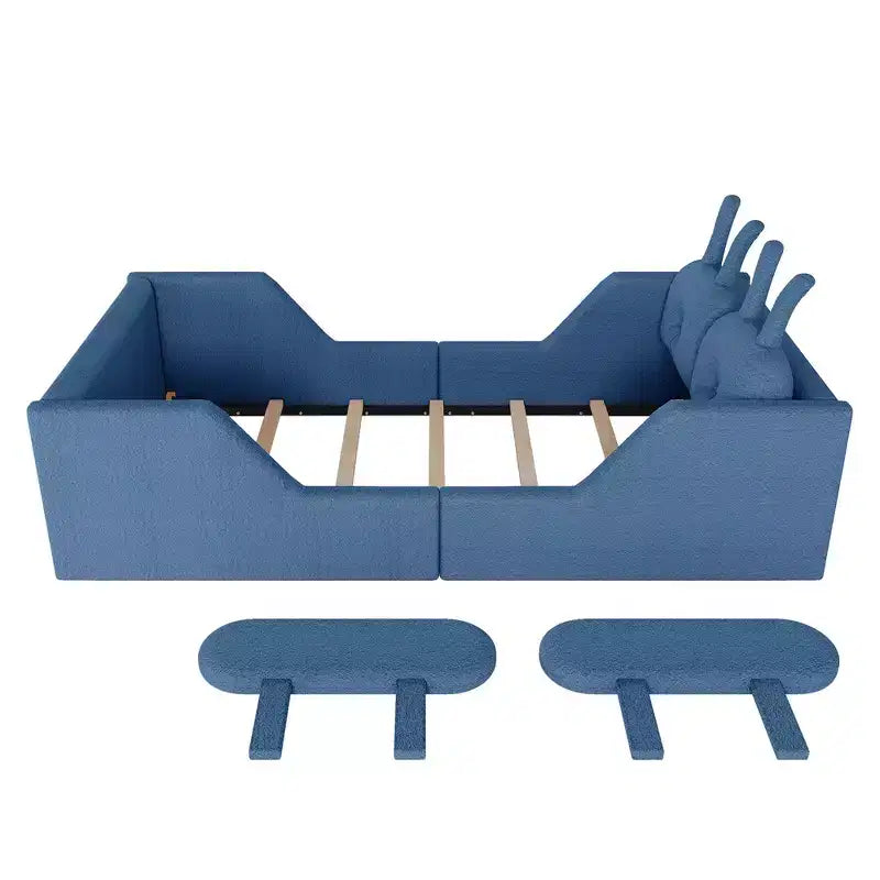 Whisen Twin Platform Bed, Kids Floor Upholstered Bed Frame with Rabbit Cushion, Removable Side Rails