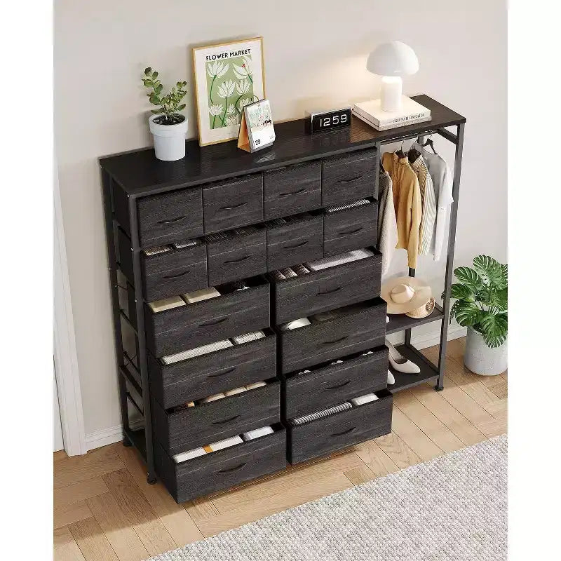 Dresser with 16 Drawers & Hanging Rod & Shelves, Fabric Storage Organizer for Bedroom, Closet, or Entryway