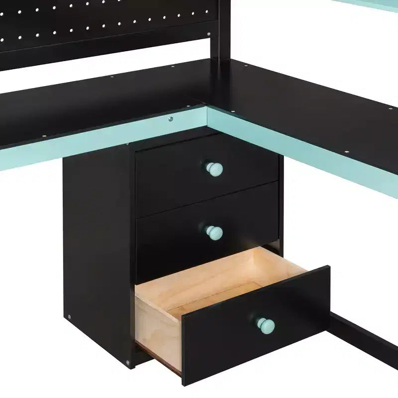 GDFStudio Scott Wooden Gaming Loft Bed with Storage Stairs, Desk, Shelves & Pegboard