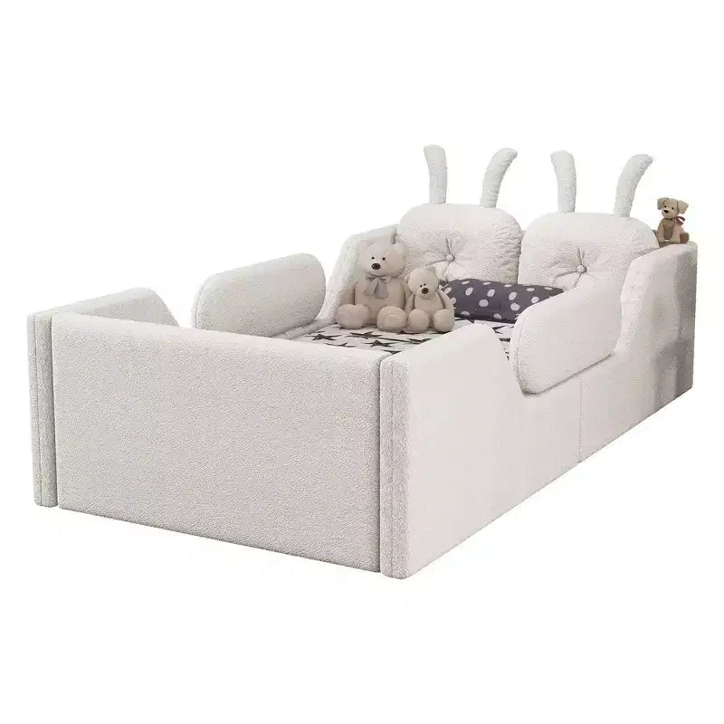 Whisen Twin Platform Bed, Kids Floor Upholstered Bed Frame with Rabbit Cushion, Removable Side Rails