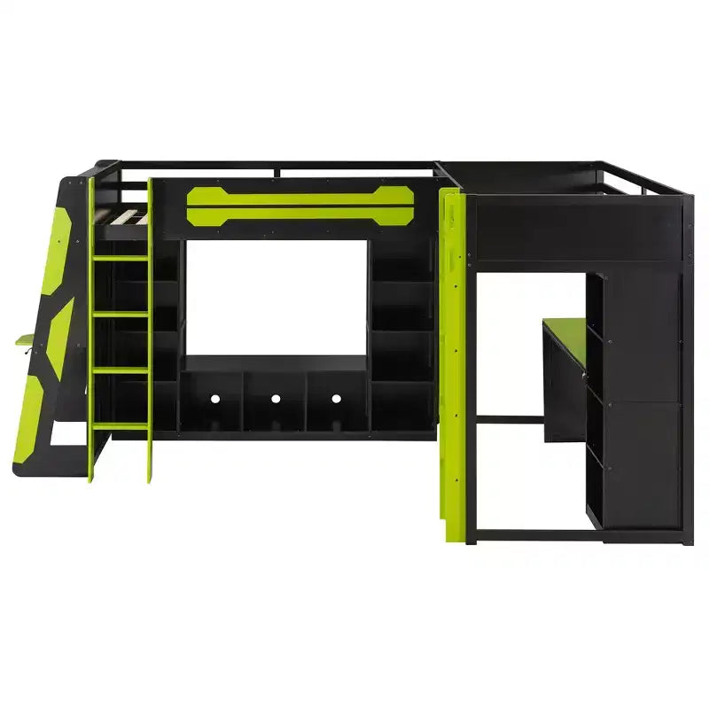 L-Shaped Gaming Loft Bed with Desks, Double Twin Loft Beds with LED Lights, USB Ports, Storage Bookshelves, Wood Corner Loft Bed for 2