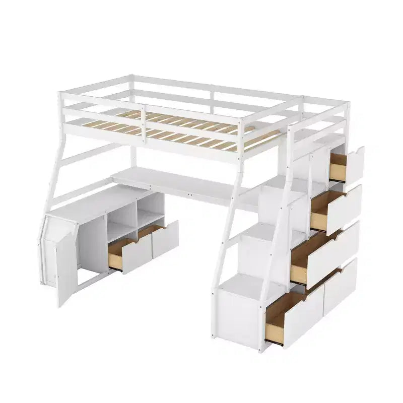 Twin Size Loft Bed with 7 Drawers, 2 Shelves, Cabinet and Desk for Kids and Teens