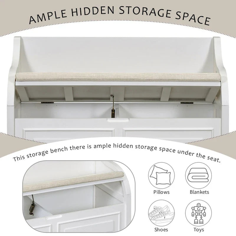 Rustic Solid Wood Entryway Storage Bench with Safety Hinge