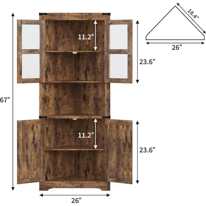 69 Tall Corner Cabinet, Farmhouse Corner Storage Cabinet, Space Saving Storage, Glass Door, Adjustable Shelves, for Living Room, Kitchen