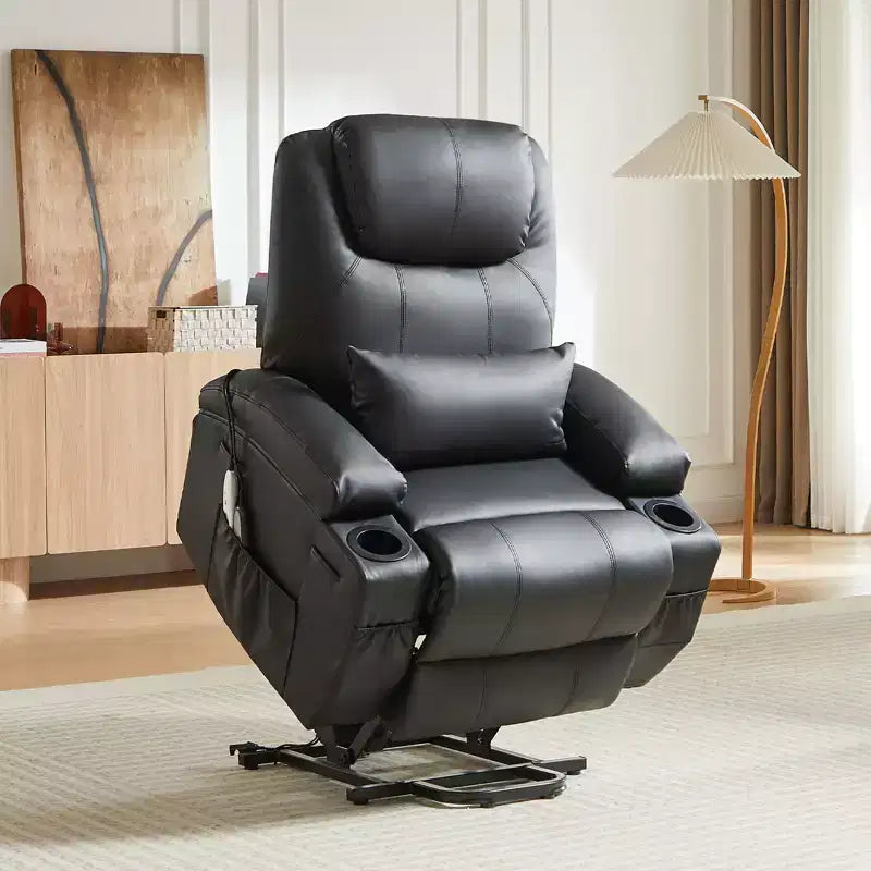 Bestier 34.6'' Electric Power Lift Asist Recliner Chair with Massage and Heat, Fax Leather Reclining Chair with Side Pockets & Cup Holders