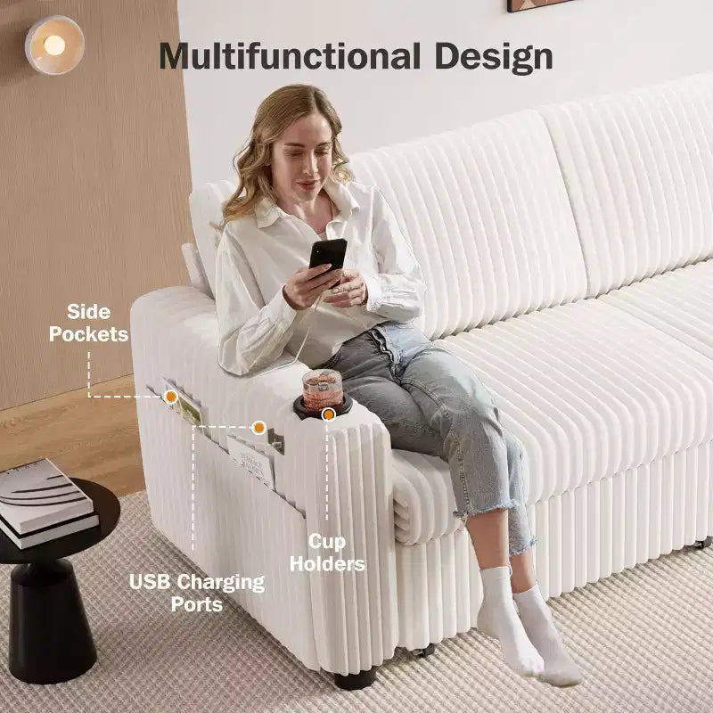 Dyonery 91 Sectional Sleeper Sofa Bed with Pull Out Bed,Reclining Backrest/Two Pull Out Beds/USB Ports/Cup Holders, Plush Corduroy