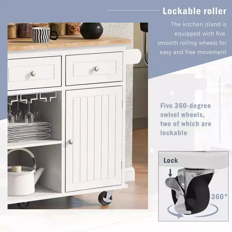 Movable Kitchen Island with Power Outlet, Drop Leaf and Rubber Wood Top