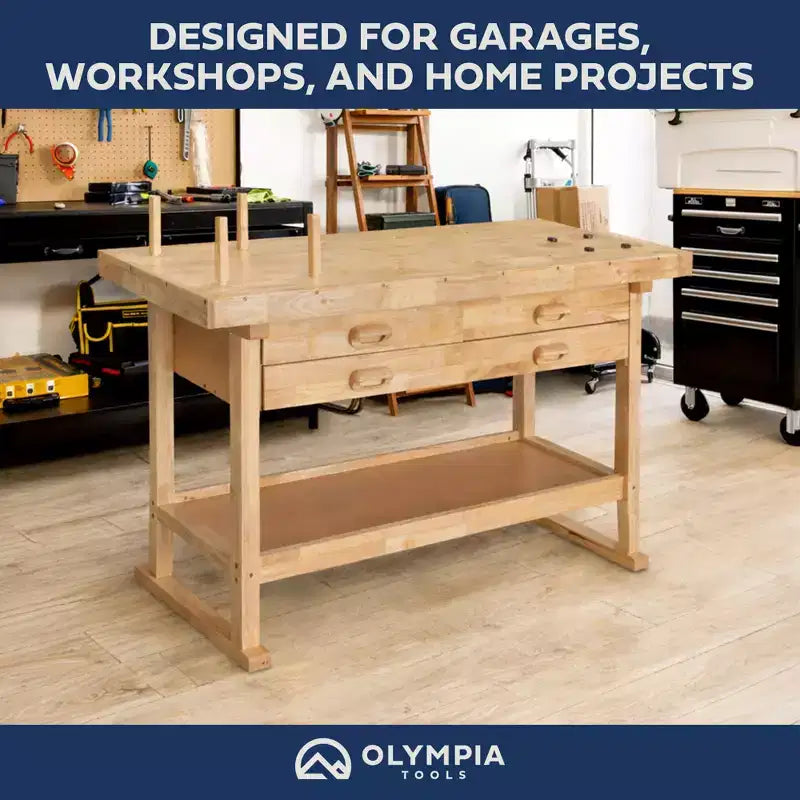 Olympia Tools 60 Rubber Hardwood Workbench, 4 Drawers, 450 lbs Weight Capacity