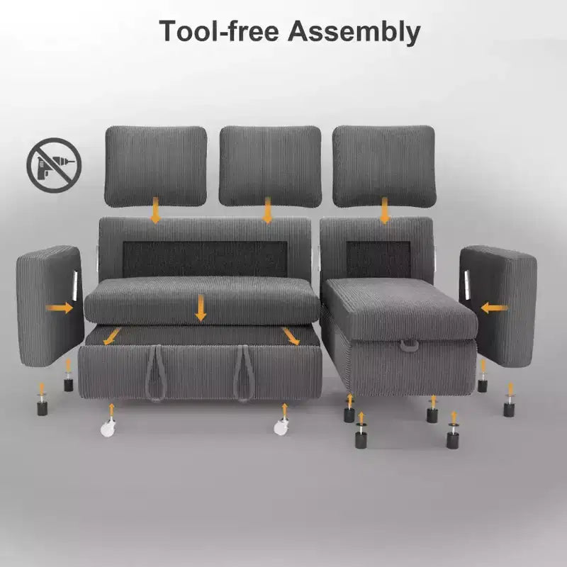 Dyonery 2 in 1 Pull Out Sleeper Sofa with Storage Chaise C Corduroy Sectional Couch with USB Ports for Living Room