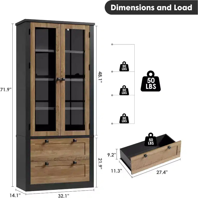 Vaisselier de cuisine de ferme avec portes vitrées, Armoire de rangement de 183 cm avec tiroirs et étagères réglables pour salle à manger, salle de bain, salon