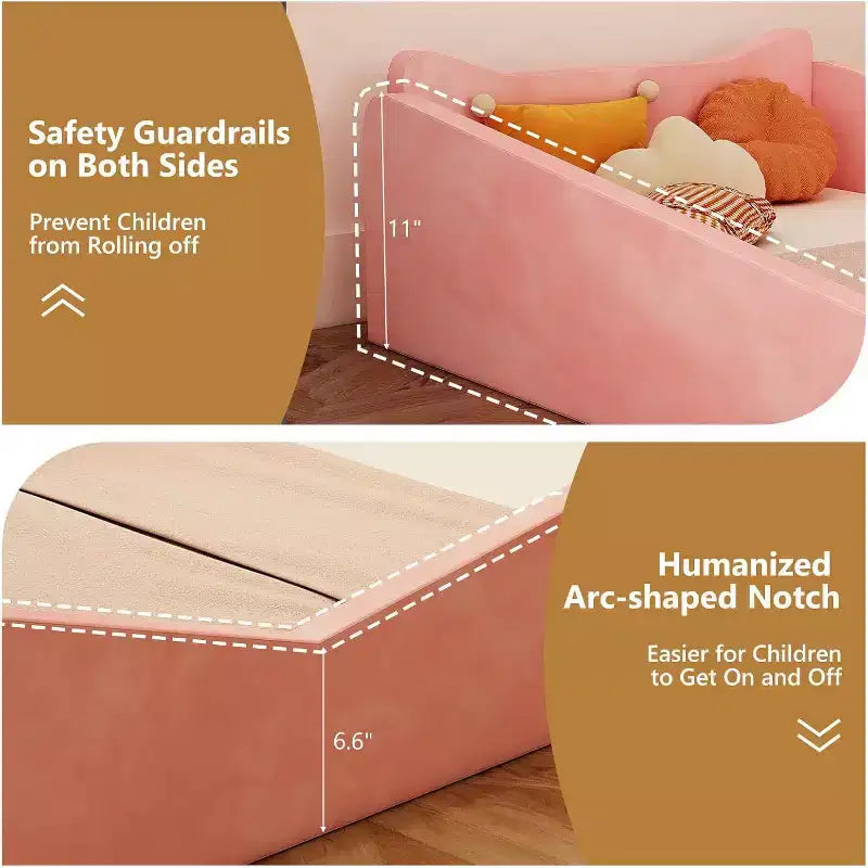 JOYMOR Toddler Bed, Floor Bed with Safety Guadrail, Montessori Toddler Bed with Animal Ear Shapes, Pink