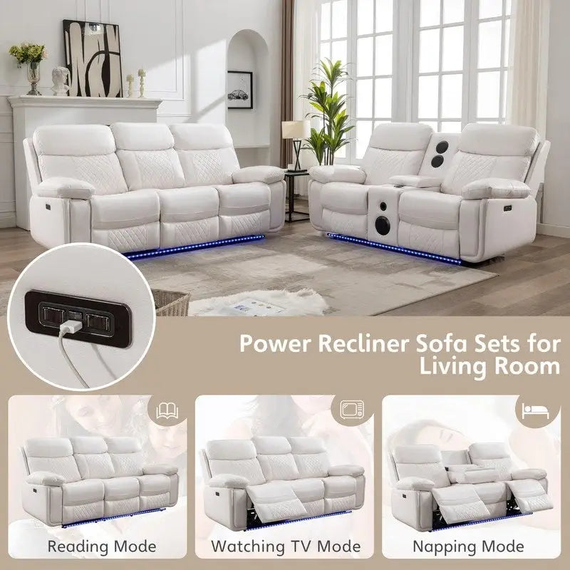 Power Reclining Sofa with Wireless Charger,Reading Light,LED Light for Living Room,Faux Leather,AC/USB Port,Cup Holder,Black