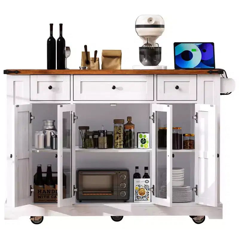 Kitchen Cart with Tempered Glass Doors, Side Racks, Power Outlet, and Drop Leaf