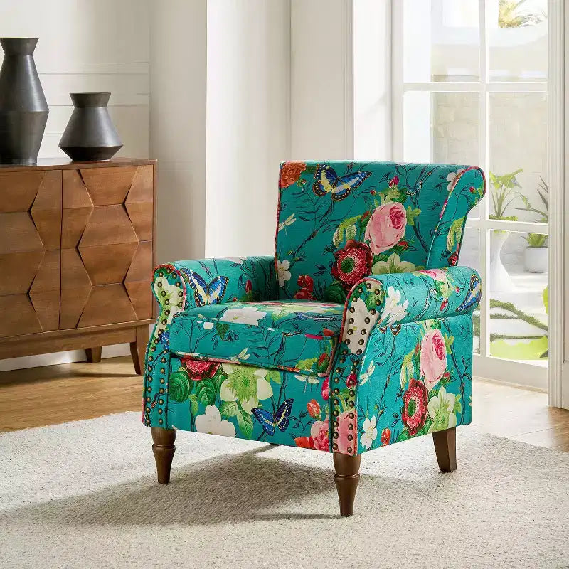 Araceli Traditional Wooden Upholstered Floral Armchair with Wingback and Nailhead Trim| ART OF LIVING DESIGNS
