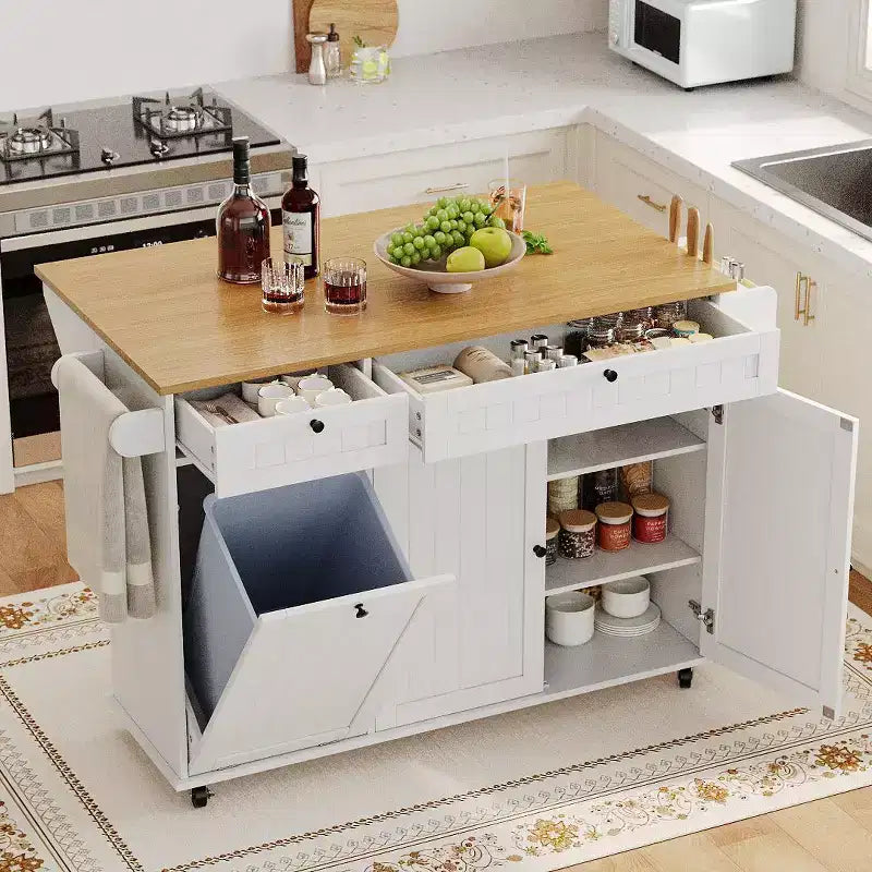 55 Mobile Island Table with Power Outlet & Drop Leaf, Kitchen Rolling Island Kitchen Island Cart with Trash Storage Cabinet for Kitchen