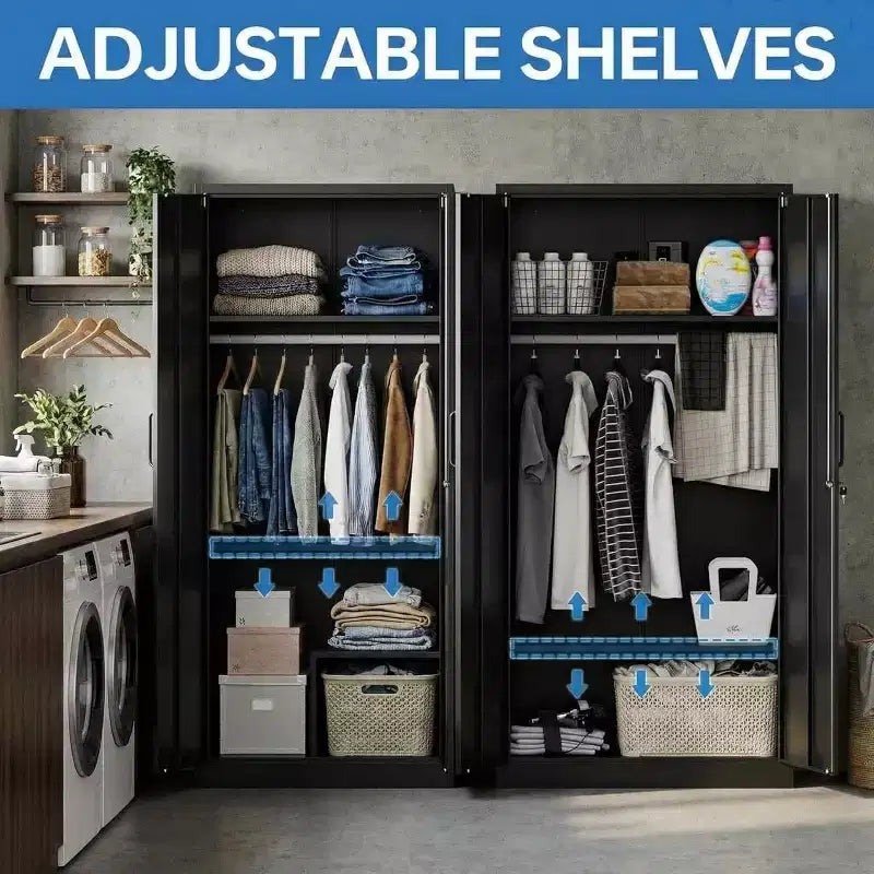 72in Wardrobe Cabinet with Lock, Black Metal Garage Storage Cabinets with Adjustable Shelves & Hanging Rod, Metal Cabinet Storage for Home, Bedroom