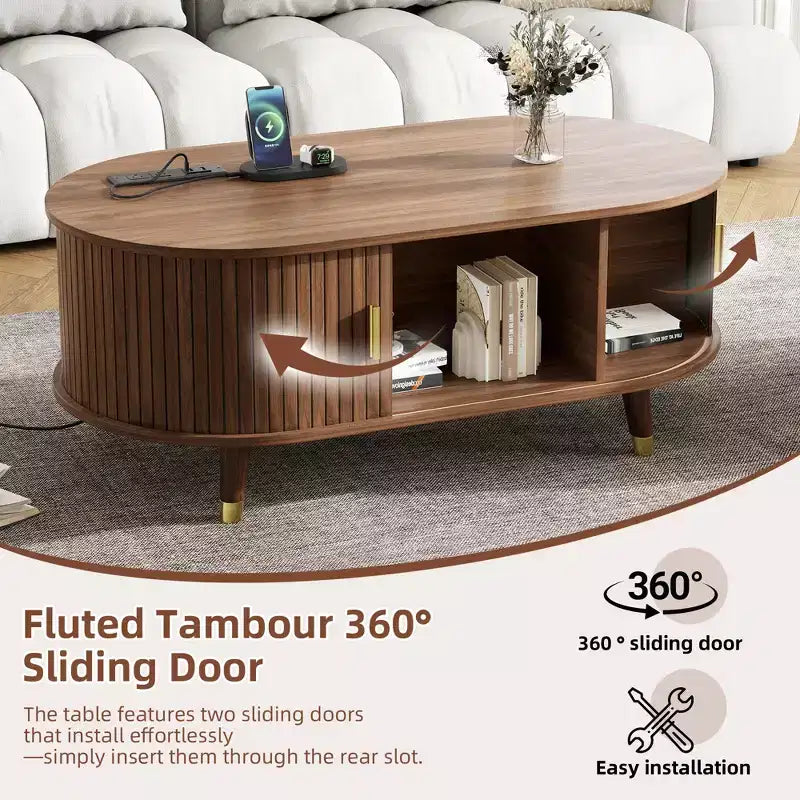 CLIHOME Wooden Farmhouse TV Stand & Coffee Table Set with Charging Station, Oval Fluted Media Console for TVs up to 80