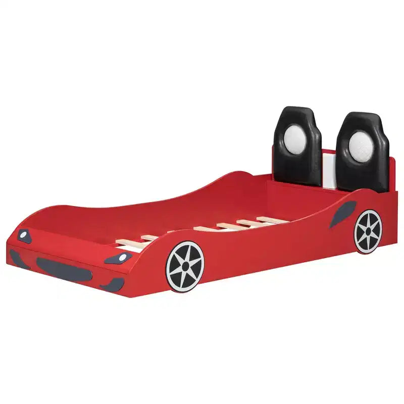 Lit plateforme Whisen Wood en forme de voiture de course, taille double, avec LED et dossier rembourré