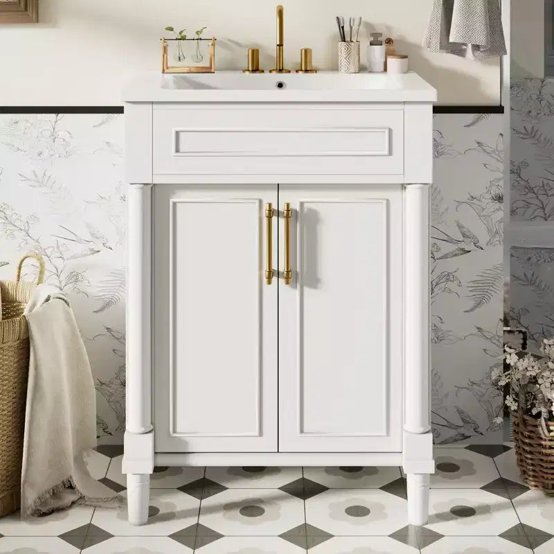 24 Bathroom Vanity with Ceramic Sink, Shaker Cabinet, 2 Soft-Close Doors, Solid Wood Frame for Small Bathroom or Powder Room