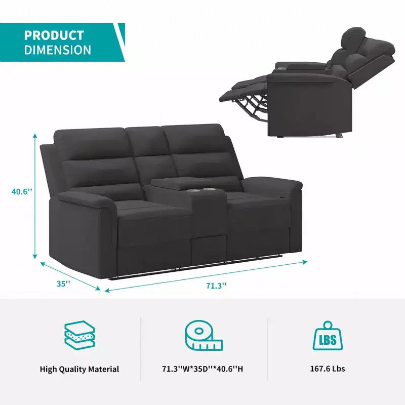Beige/Gray Tech Fabric Reclining Loveseat Sofa, 2-Seat, Adjustable Backrest & Footrest