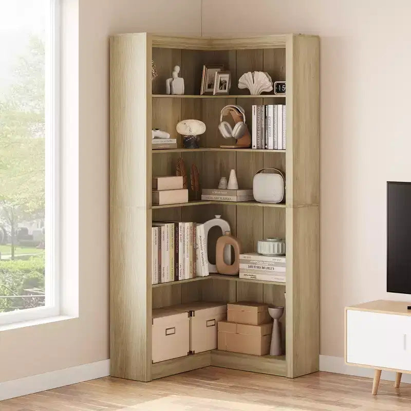 Black/White/Wood/Retro, L-Shaped Corner Bookshelf, 5-Tier, Single
