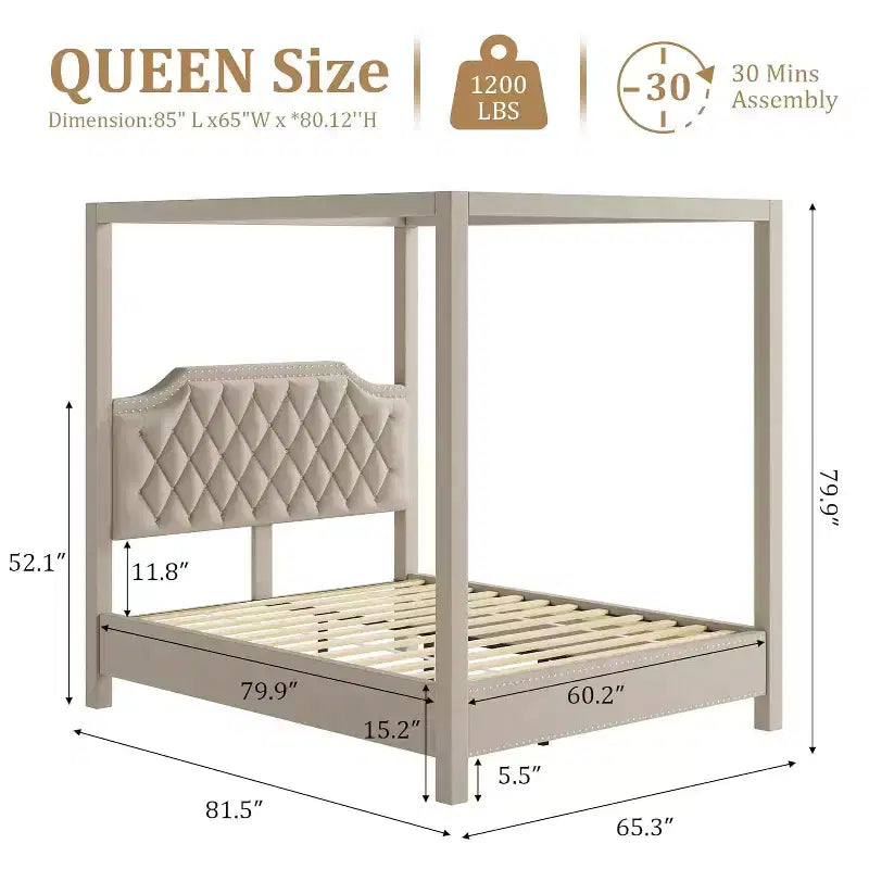 Queen Size Canopy Bed Frame with Poles 4 Corner Bed Bracket, Solid Wood Slats Support, No Box Spring Needed, Noise Free