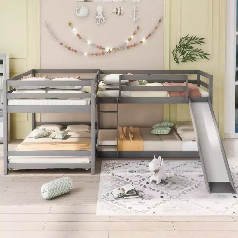 L Shaped Bunk Bed for 4 Kids, Quad Bunk Bed with Slide Full and Twin Wood Bunk Frame for Bedroom Dorm