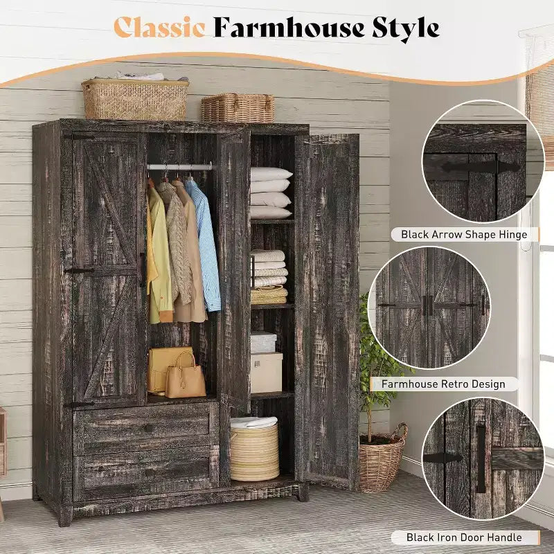 AMERLIFE 47 Farmhouse Wardrobe Armoire with 3 Doors, 2 Drawers, Hanging Rod & Adjustable Shelves, Freestanding Closet Organizer