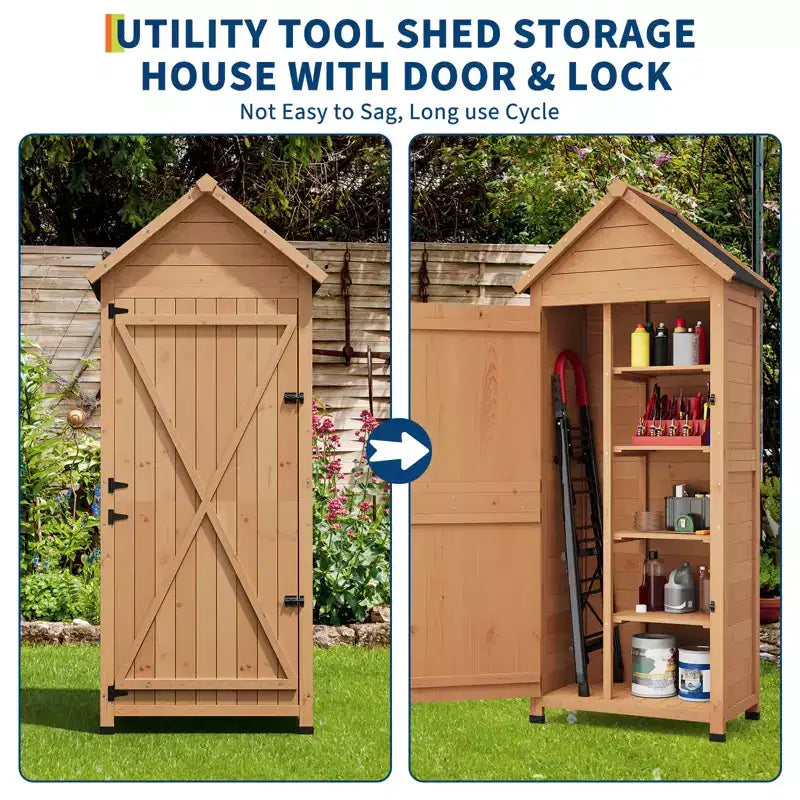 Waterproof Wooden Outdoor Tool Cabinet  Lockable Double Doors, 3 Adjustable Shelves & Sloped Roof  Space-Saving Storage for Patio, Yard or Lawn