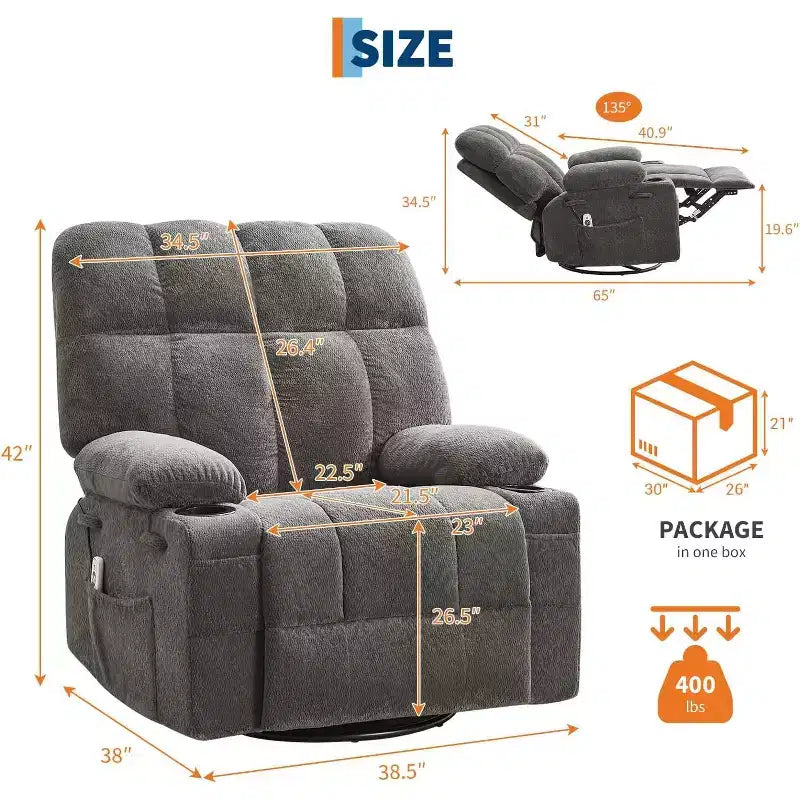 Oversized Recliner Chair for Adults, Manual Swivel Rocker Sofa, Side Pockets & Cup Holders for Big and Tall Persons, Living Room