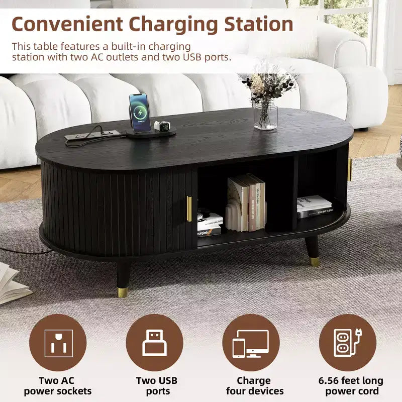 CLIHOME Wooden Farmhouse TV Stand & Coffee Table Set with Charging Station, Oval Fluted Media Console for TVs up to 80