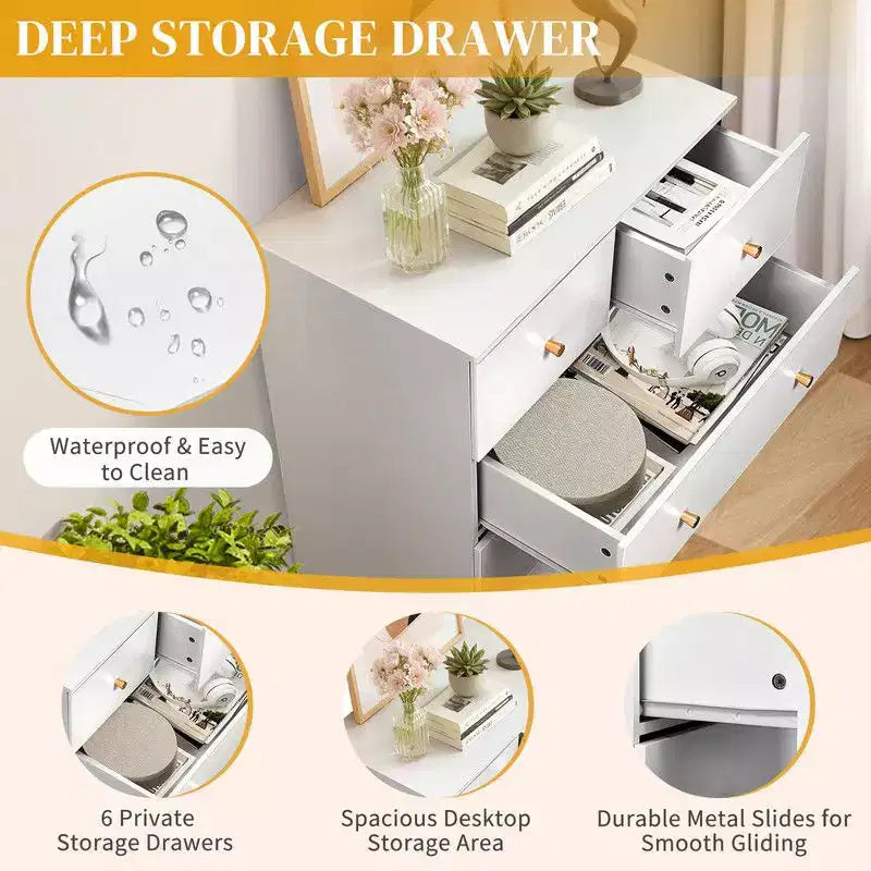 Karl Home 6-Drawer Large Dresser for Bedroom and Chest of Drawers with Sturdy Construction Wood Storage Organizer for Closet In white