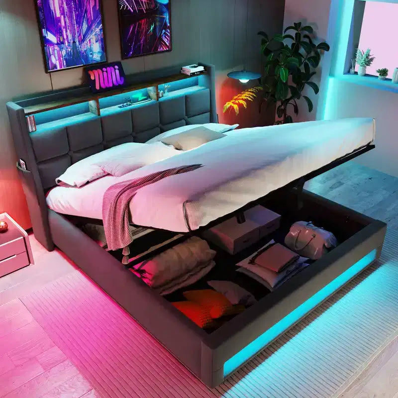 Lit Queen avec rangement hydraulique, LED, USB, tête de lit rembourrée, sans sommier, assemblage facile