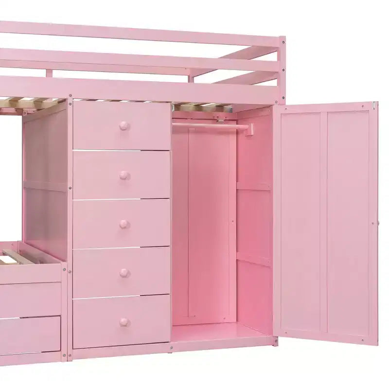 Full Over Full Modern Bunk Bed With Built In Closet And 7 Storage Drawers