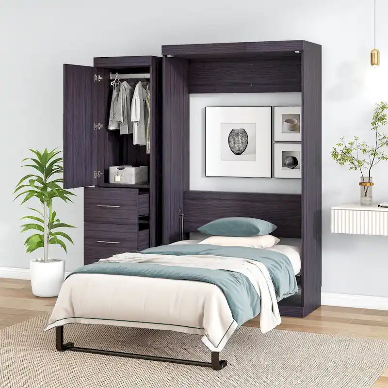 Gray Foldable Murphy Bed with Wardrobe & 3 Drawers, Full/Twin, 1-Person