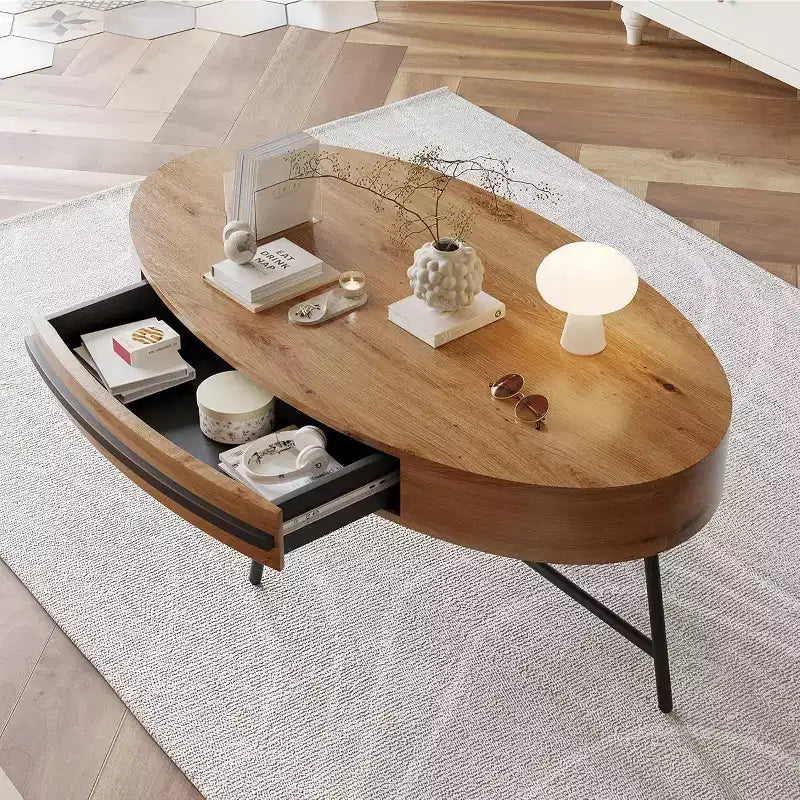 Acekool Oval Coffee Table with Drawer, 47.2 Wooden Storage Table with Cross Metal Legs  Mid-Century Modern Center Table in Natural & Golden Willow