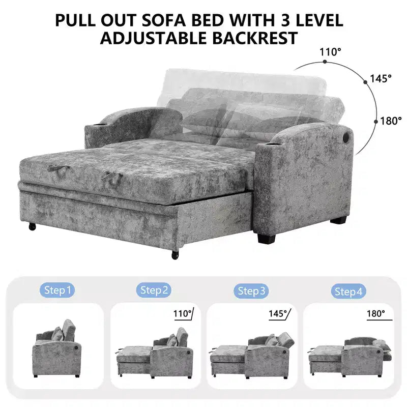 61.6 Modern Chenille Convertible Sofa Bed with USB Ports, Cup Holders & Adjustable Backrest for Living Room, Apartment